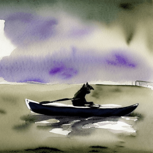 AI generated: watercolor : : storm, night, 
 black cat in a kayak : : --hd