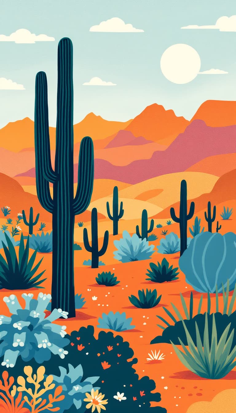 AI generated: Risograph print of a desert landscape with cactus, simple linocut style, with a colorful background ...