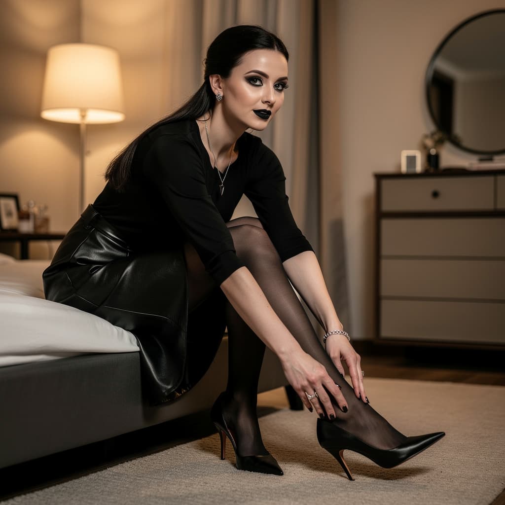 AI generated: 20 year old goth girl in the bedroom getting ready for a romantic dinner leaned forward putting on h...