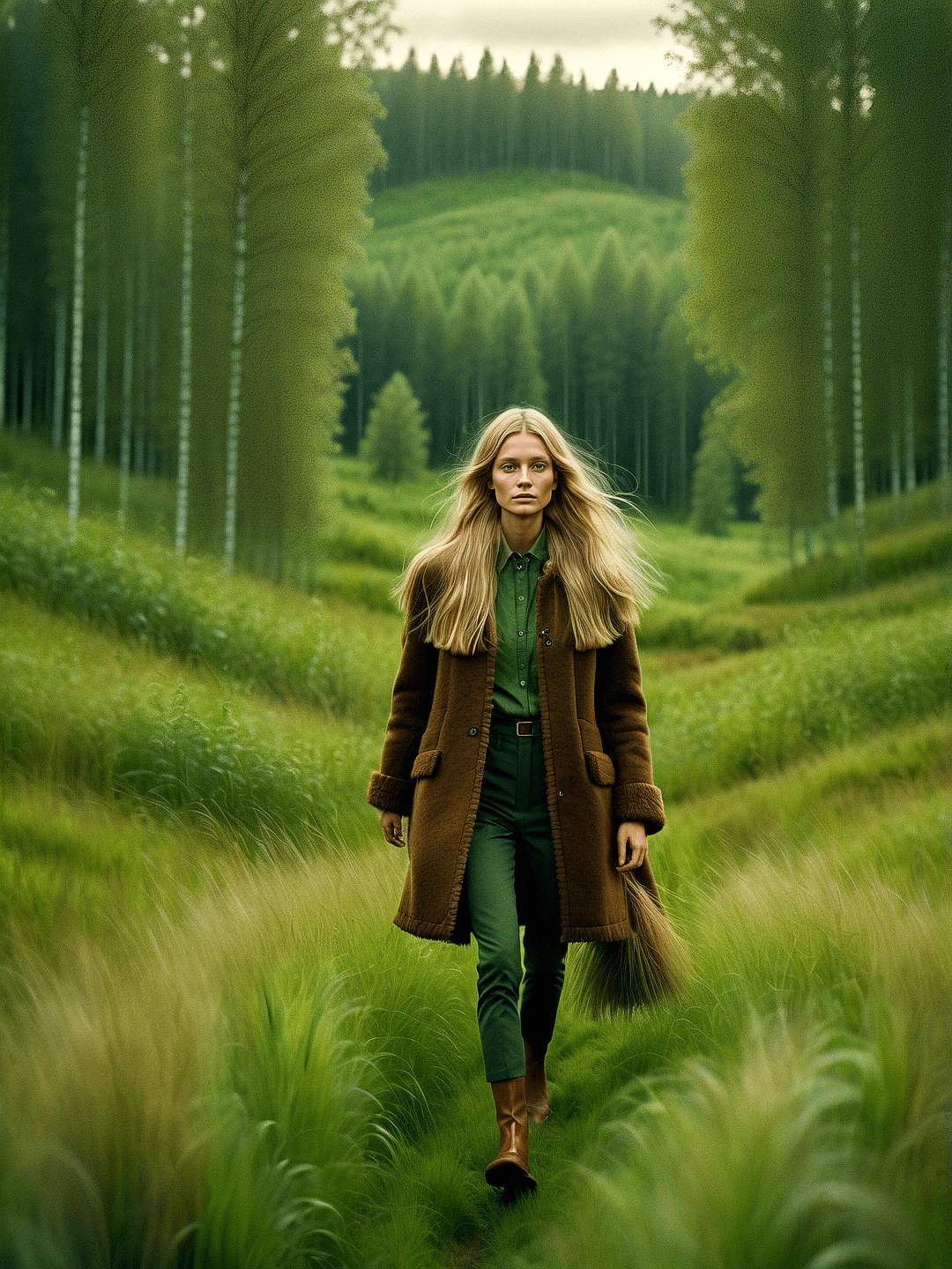 AI generated: a woman walking through a lush green field, vogue fashion photo, brown tuffle coat, beautiful Swedis...