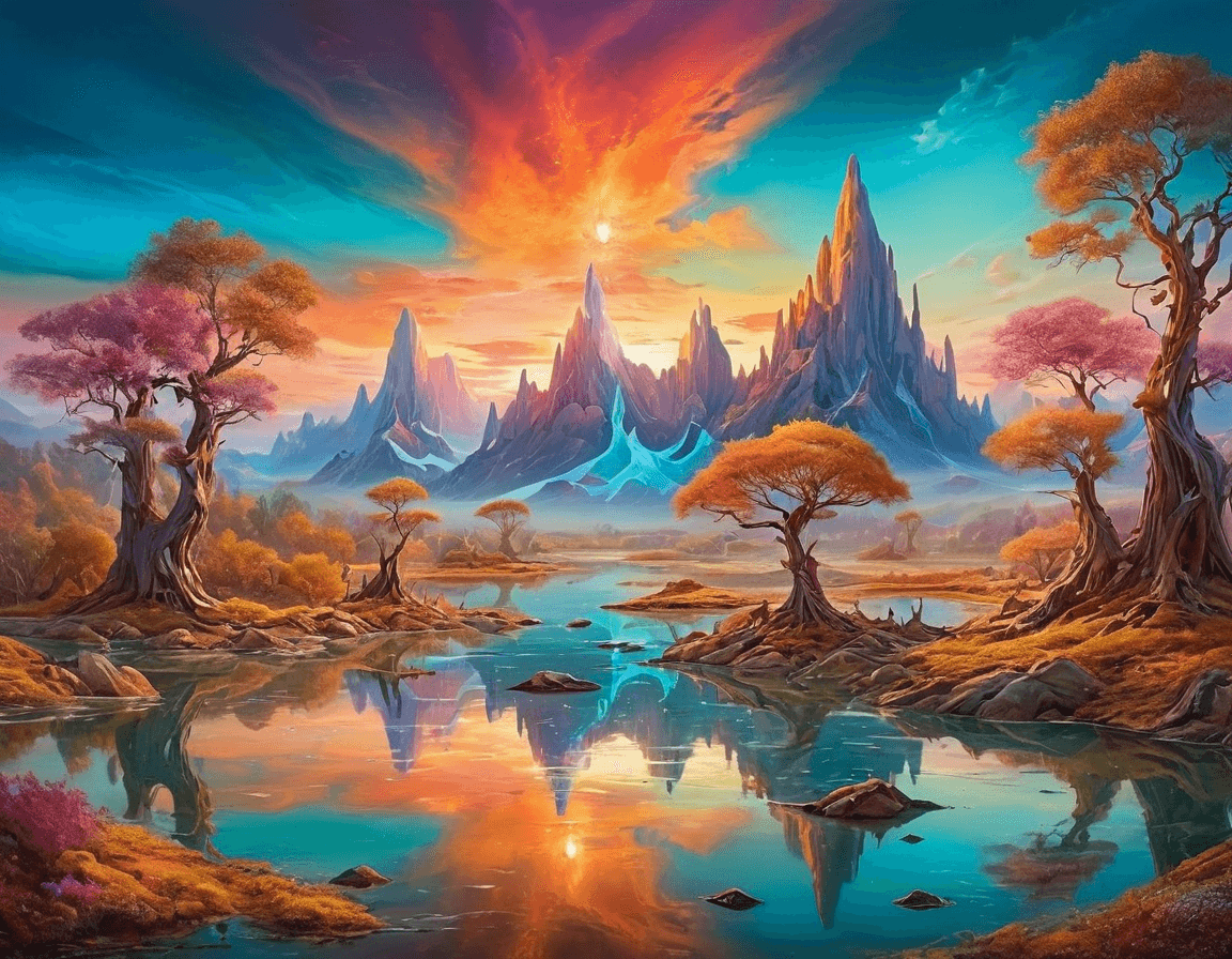 AI generated: A landscape where glass mountains reflect a multicolored sky, with floating trees and rivers of liqu...