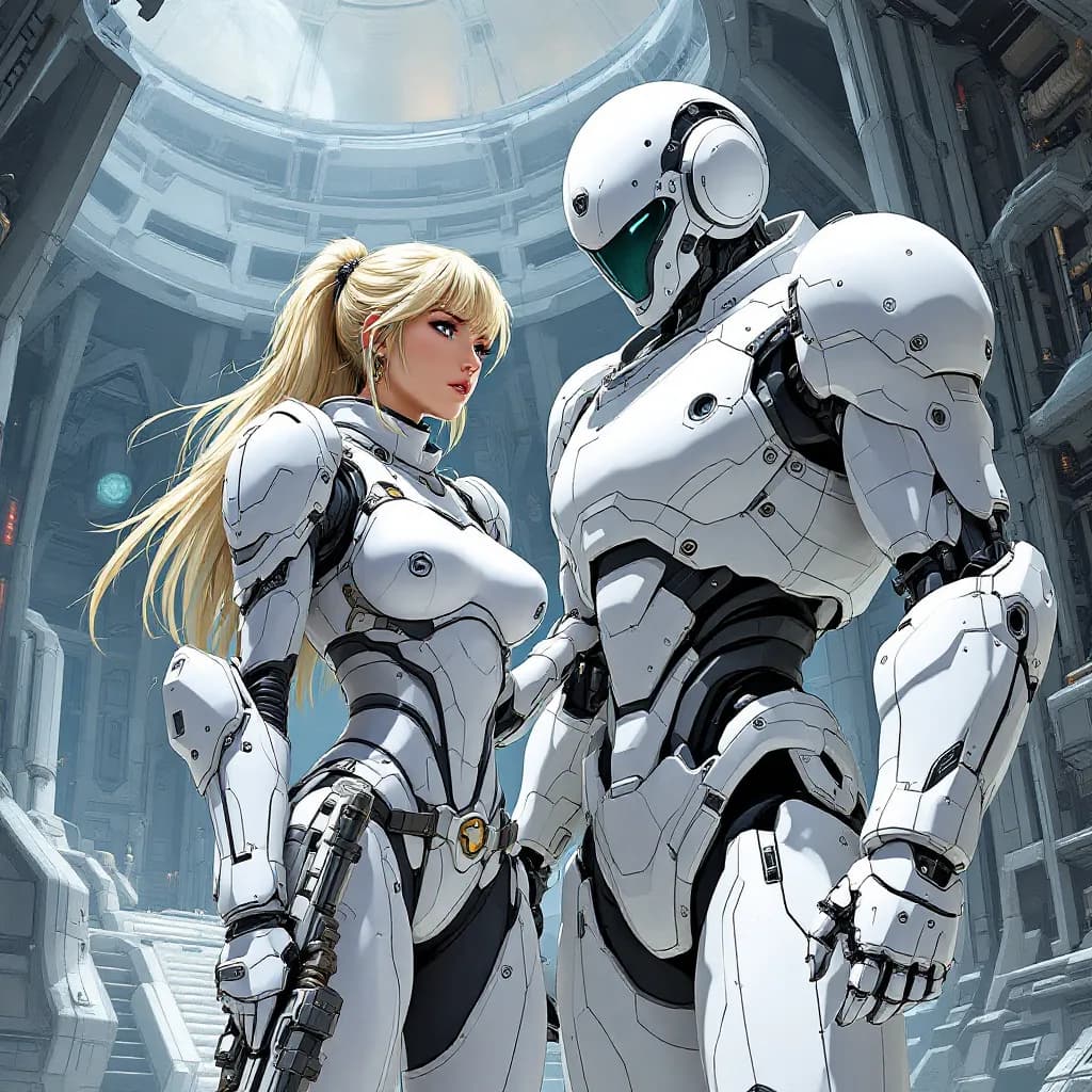 AI generated: A full body shot of a European blondie female warrior in an armored suit stands next to her robot, h...