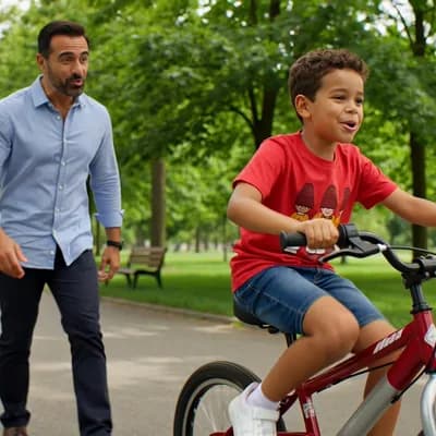 AI generated video: Mohamed with his son djasser go for a walk and djasser ride his bike and his father looking for him ...