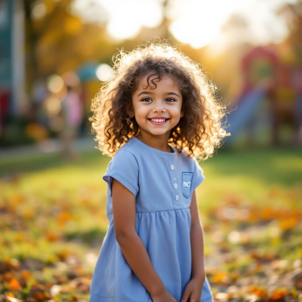 AI generated: 5 years old little white girl with brown curly hair wearing school blue dress with logo (PACE),in sc...