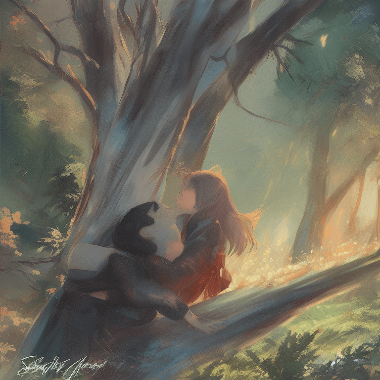 AI generated: a fat boy and a girl sitting together and hugging in a forest. girl has long bright flowing red hair...