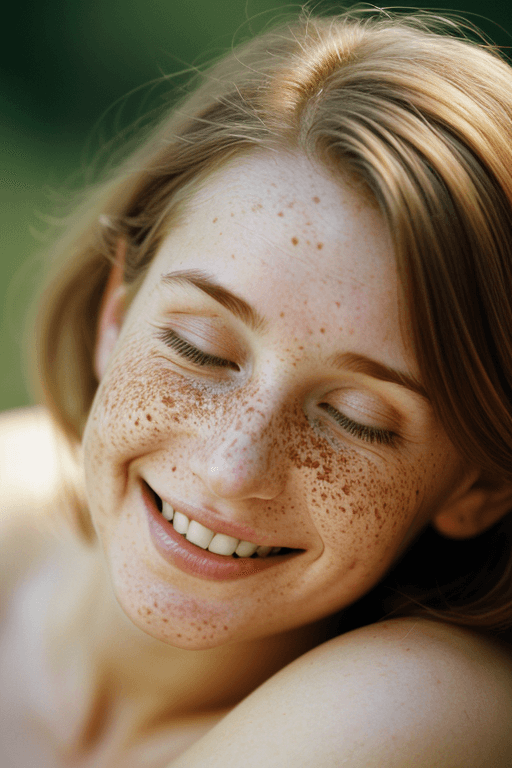 AI generated: woman with a few freckles with a smile,in the style of calming effect,naturecore,intense energy,phot...