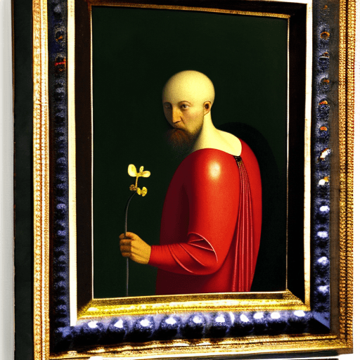 AI generated: in this startling masterpiece painting by Jan van Eyck in 8K a man has an orchid for a body as he st...