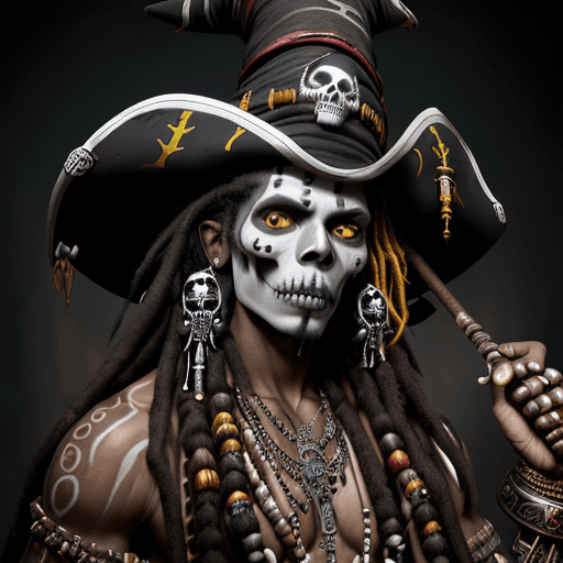 AI generated: Exotic male witch doctor, pirates of the Caribbean style witch doctor, brown skin, witch doctor clot...