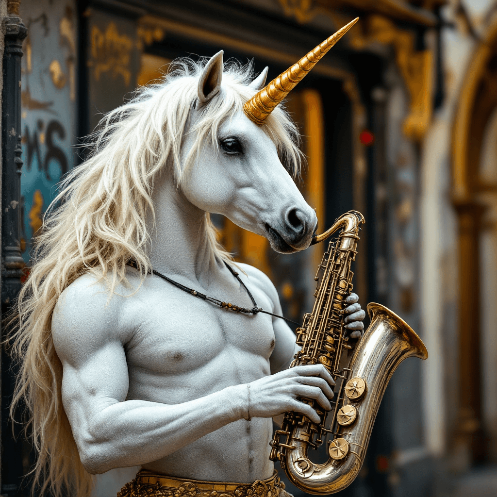 AI generated: A white Unicorn playing a jazz saxophone in Cádiz town