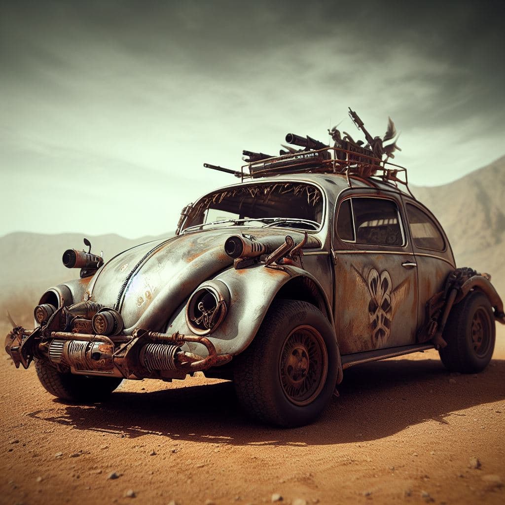 AI generated: VW Beetle, in mad max style on wasteland