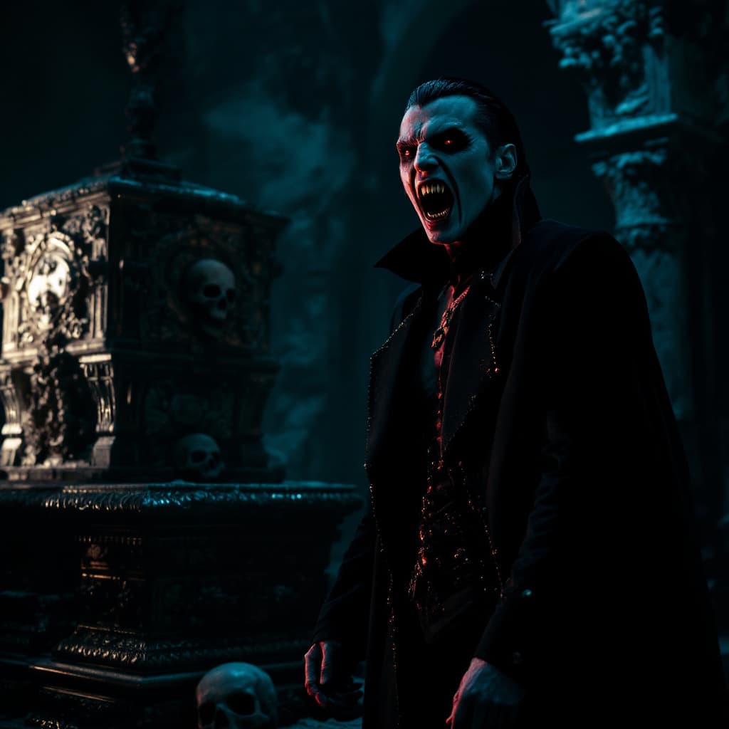 AI generated: Male vampire with fangs, standing dramatically, dark shadowy crypt, ornate sarcophagus, intricate ca...