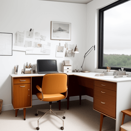 AI generated: photograph, home office, mid-century, cloudy, creating a warm white and inviting atmosphere, such as...