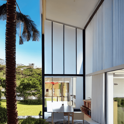AI generated: Hyper realistic eye level exterior photo of a mid century modern style house overlooking the ocean, ...