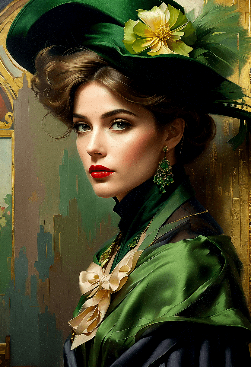 AI generated: The image features a woman wearing a green hat and a green dress, standing in front of a painting. S...