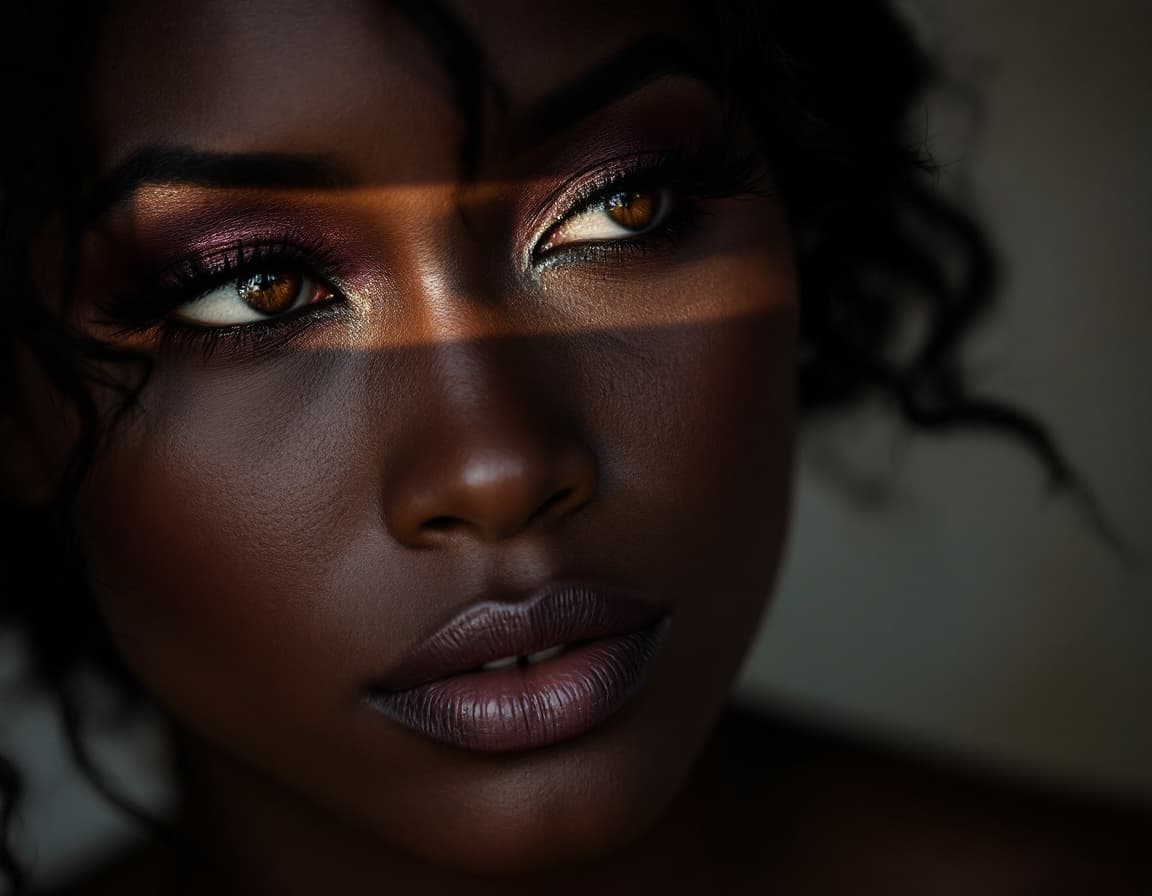AI generated: bella mujer colombiana negra de 36 años, maquillaje artistico de brillos purpuraaaaas y dorados mira...