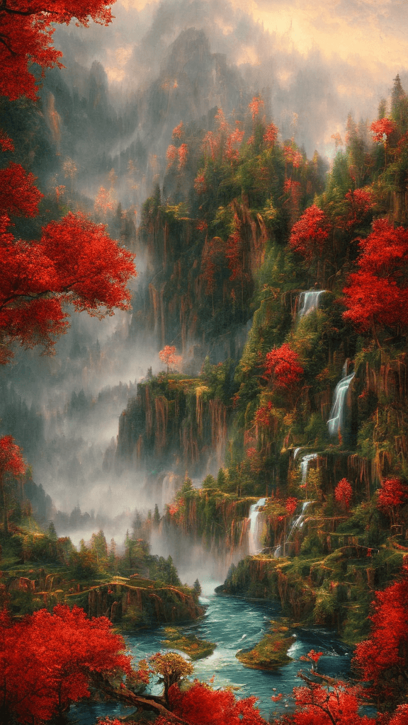 AI generated: summer landscape, red color, Bokeh, the waterfall, fog over the lake, insanely detailed and intricat...