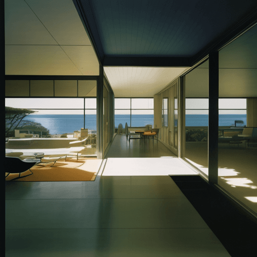 AI generated: Hyper realistic eye level exterior photo of a mid century modern style house overlooking the ocean, ...