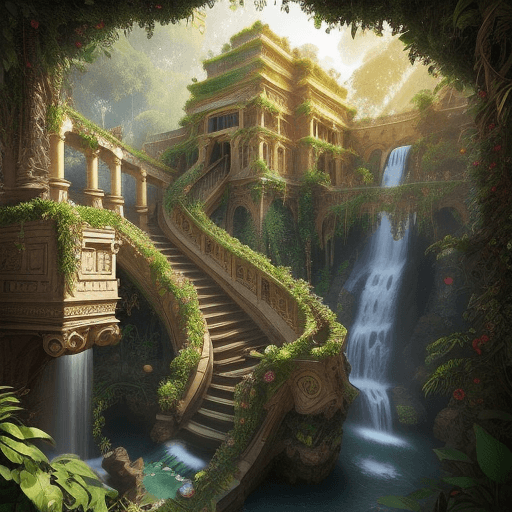 AI generated: Cinematic, 35mm lens, f/1.8 ultra-detailed fantasy photography, depicting the Hanging Gardens of Bab...