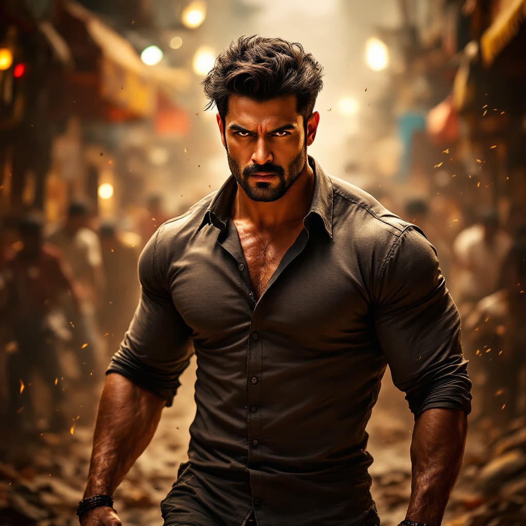 AI generated: Imagine a powerful Bollywood action scene with a muscular, athletic protagonist, confidently standin...