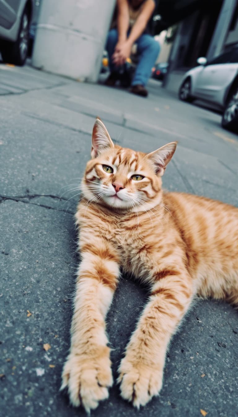 AI generated: low quality phone photo, snapchat, a tabby orange cat lounging on the street, flmft style