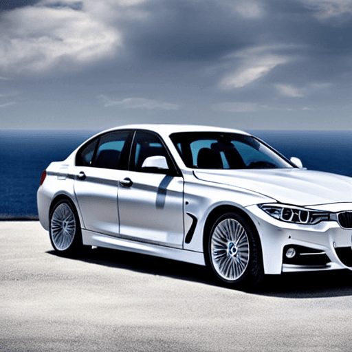 AI generated: photo of BMW F30 with pearly white color, on the background is sea, this photo is in hyperrealism st...