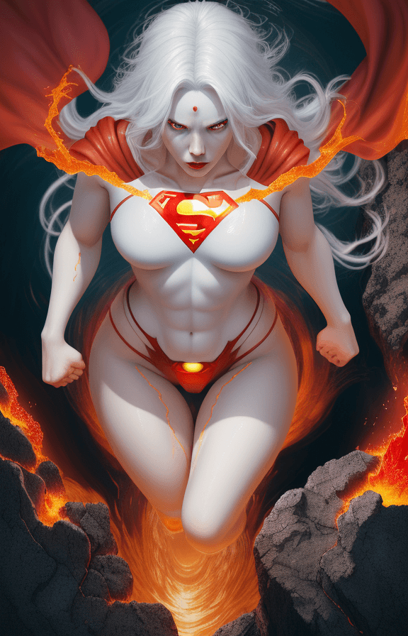 AI generated: top view photography of gorgeous metawoman Superman, white hair and red eyes, emerging from lava in ...
