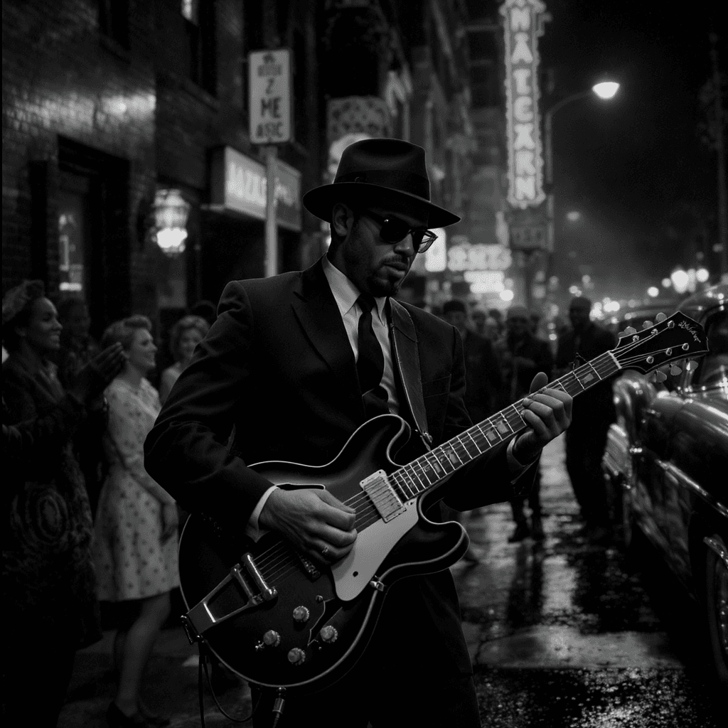 AI generated: “Black and white Film Noir scene of a charismatic street musician on a Chicago street corner, passio...