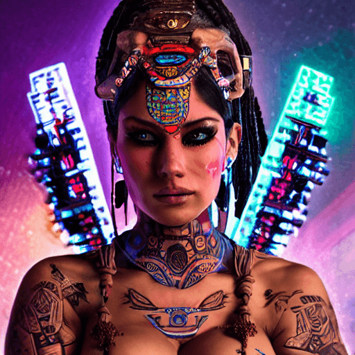 AI generated: Beautifully Sexy Female Mayan warrior in Neon cyberpunk style, both hands full of tattoos, large bre...