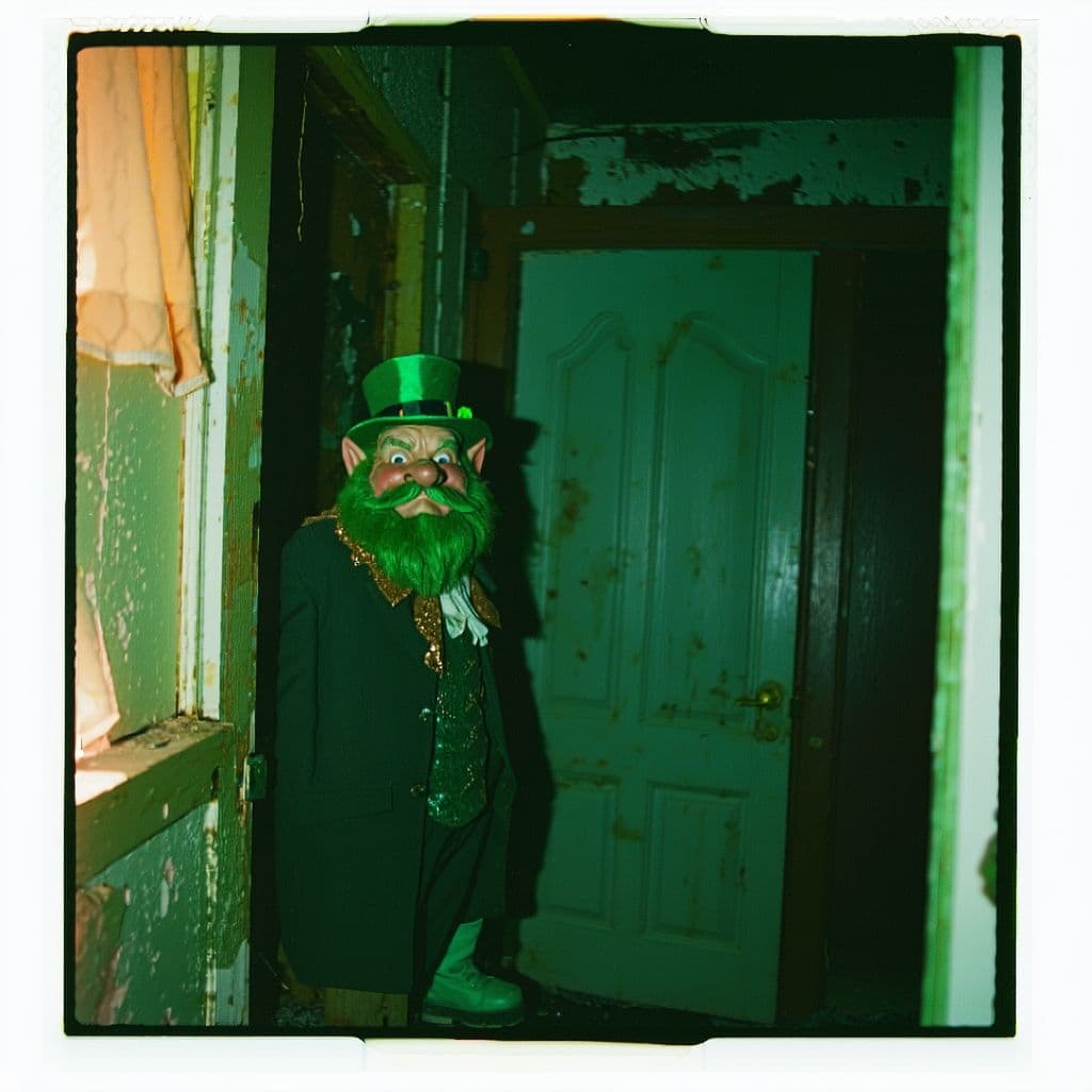 AI generated: grainy 80's photograph quality polaroid of a leprechaun caught in an abandoned house, dark