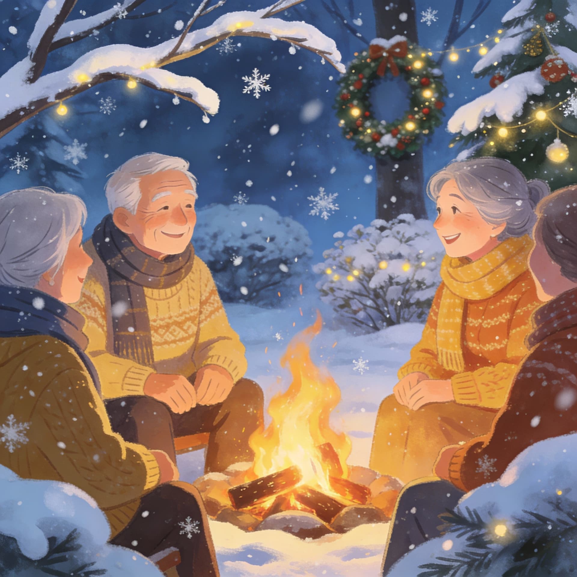AI generated: Elderly people sit around a fire with snow all around and bushes covered in snow in christmas spirit