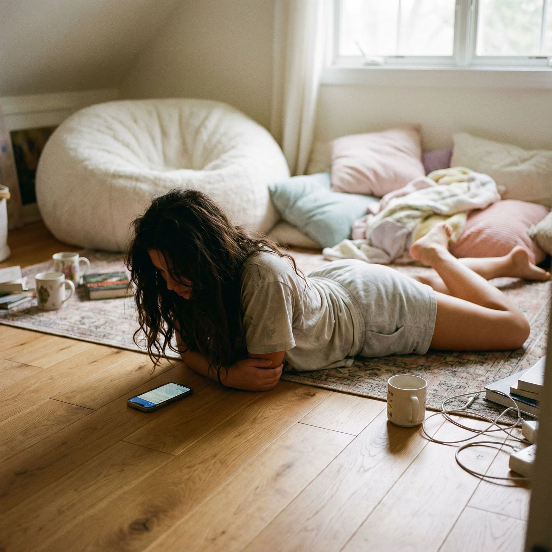 AI generated: A bright lit, cozy bedroom scene at day, featuring a young person with long dark hair lying sprawled...