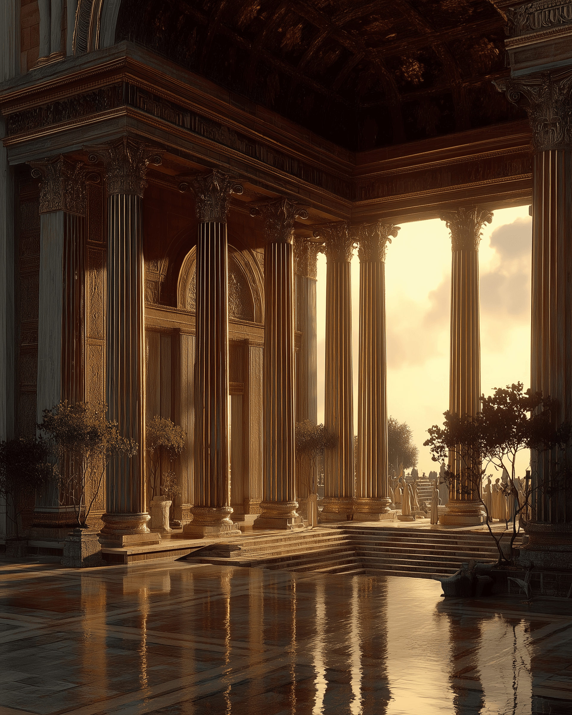 AI generated: A luxurious and opulent entrance to an ancient Greek palace, with marble columns adorned in gold lea...