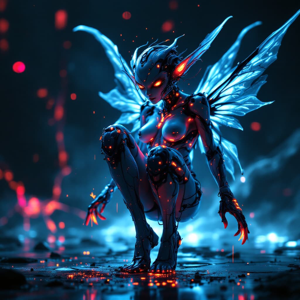 AI generated: surreal black light poster of a intricate portrait of An amazing cyberpunk elven pixie cyborg creatu...