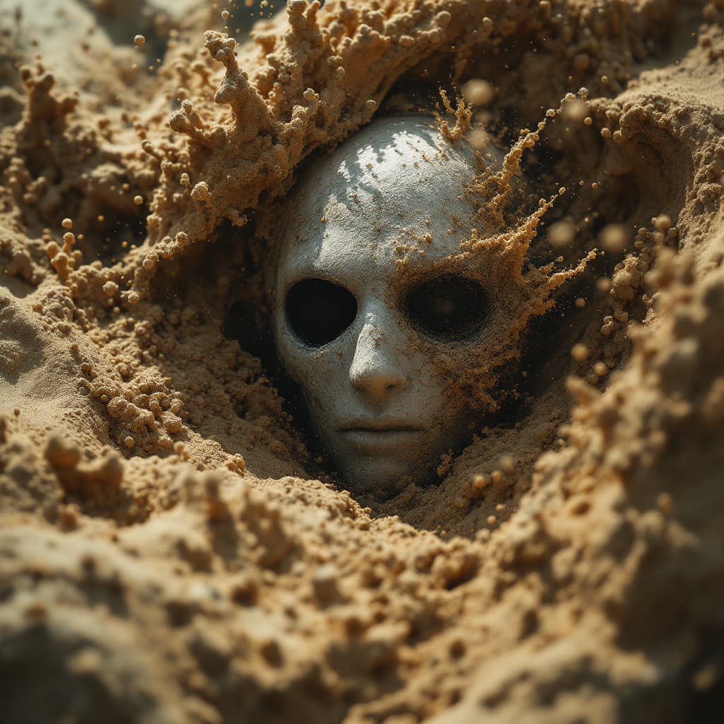AI generated: The Moon Knight dissolving into swirling sand, volumetric dust, cinematic lighting, close up portrai...