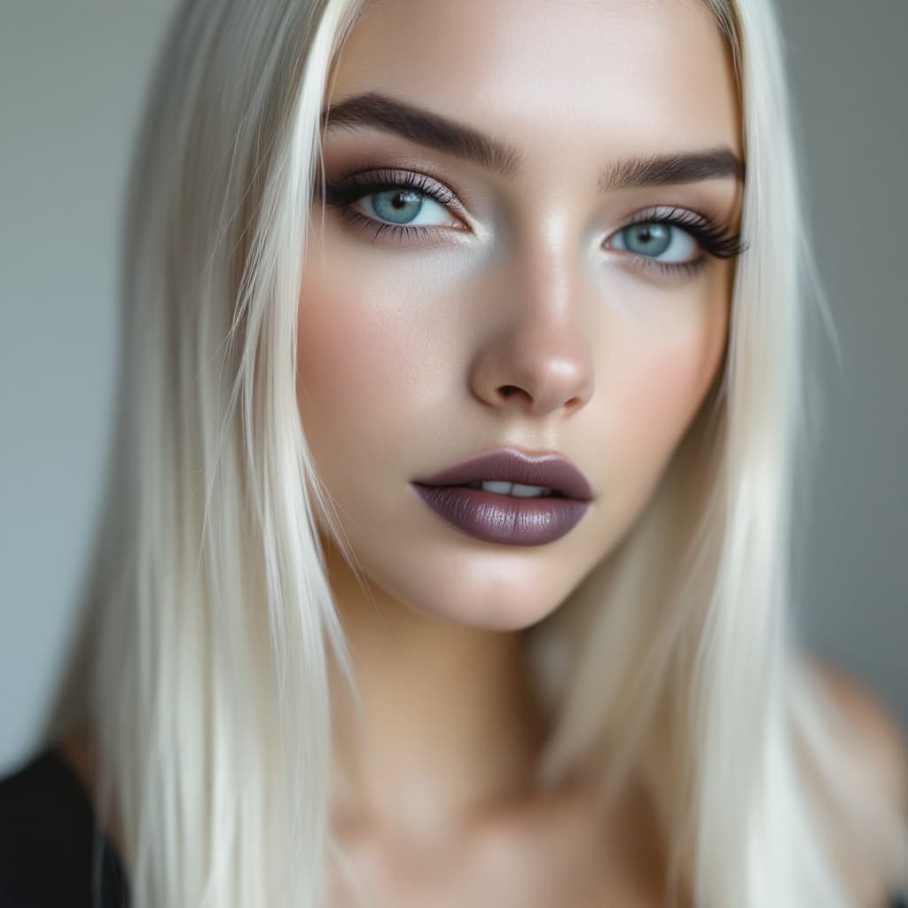 AI generated: extremely close-up portrait of a stunning 20-year-old French girl, platinum blonde long straight hai...
