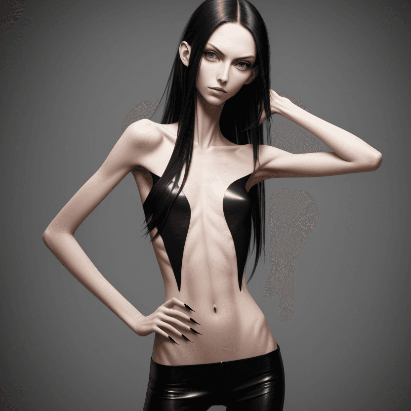 AI generated: photo of face an extremely skinny, flat-chested models with long black curved fingernails, claws,