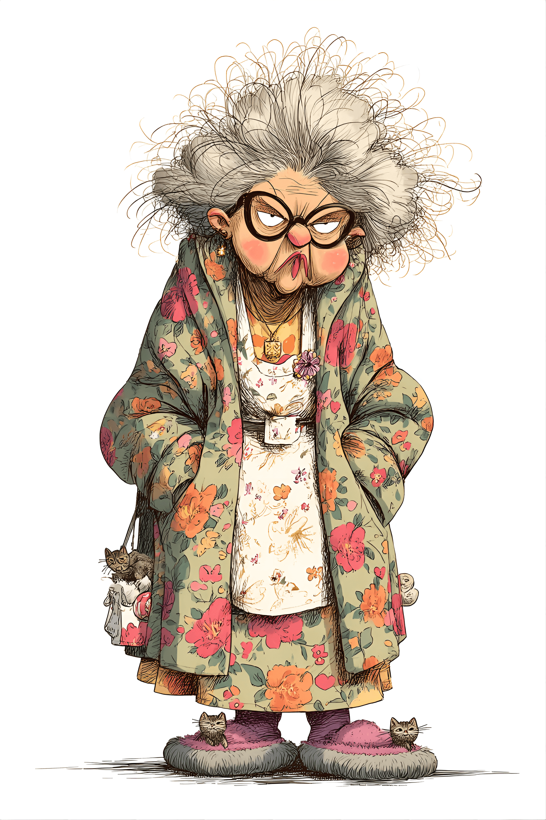 AI generated: funny caricature, eccentric cat lady, british ethnicity, 62 years old, frazzled, bespectacled, hunch...