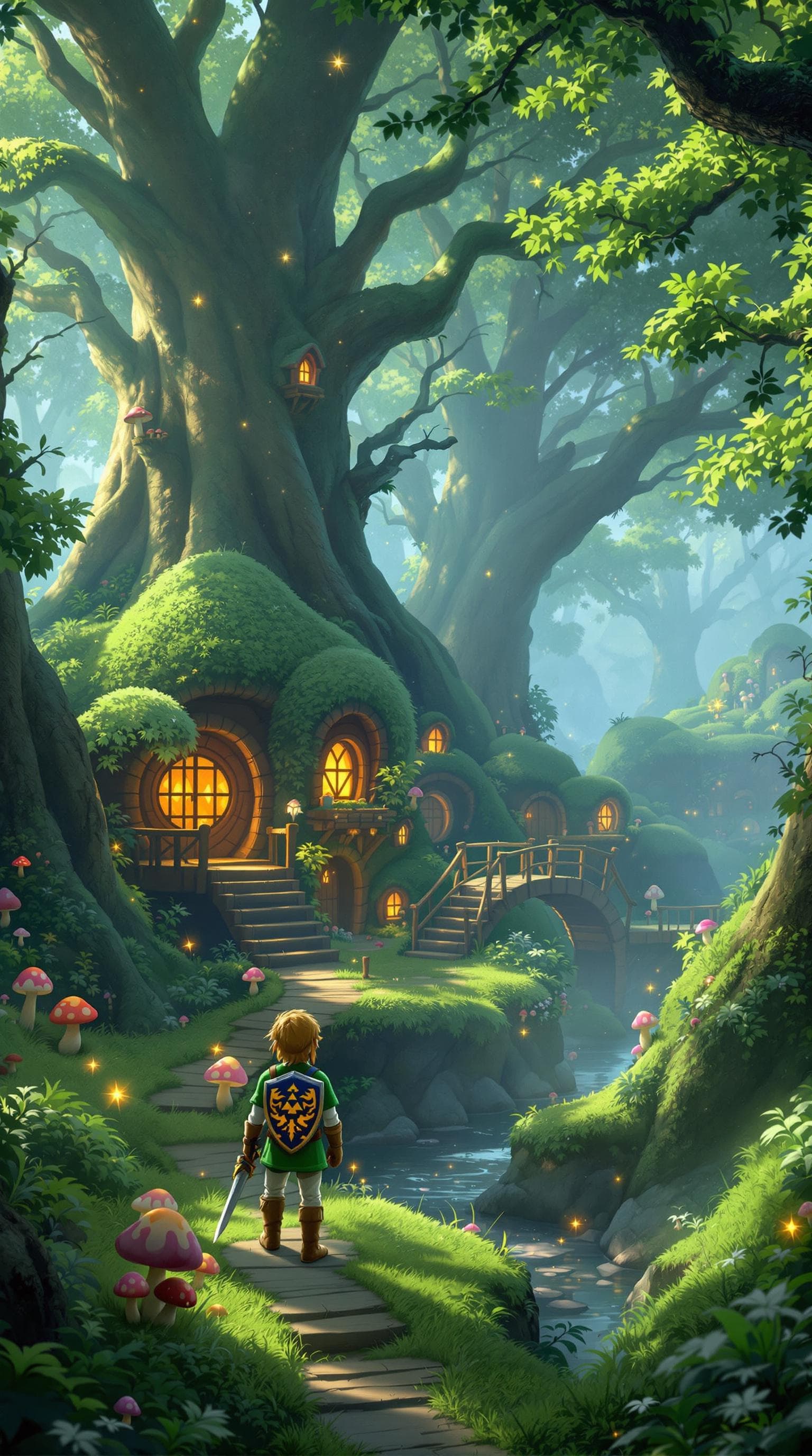 AI generated: "Create a hyper-realistic scene of Link in the Kokiri Forest from The Legend of Zelda. The forest is...