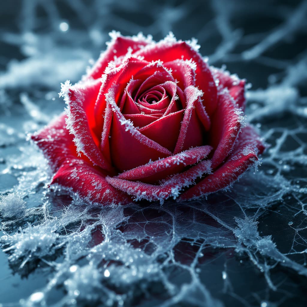AI generated: close-up photo of a beautiful red rose frozen and distorted in ice and frost ,splintered cracked ice...