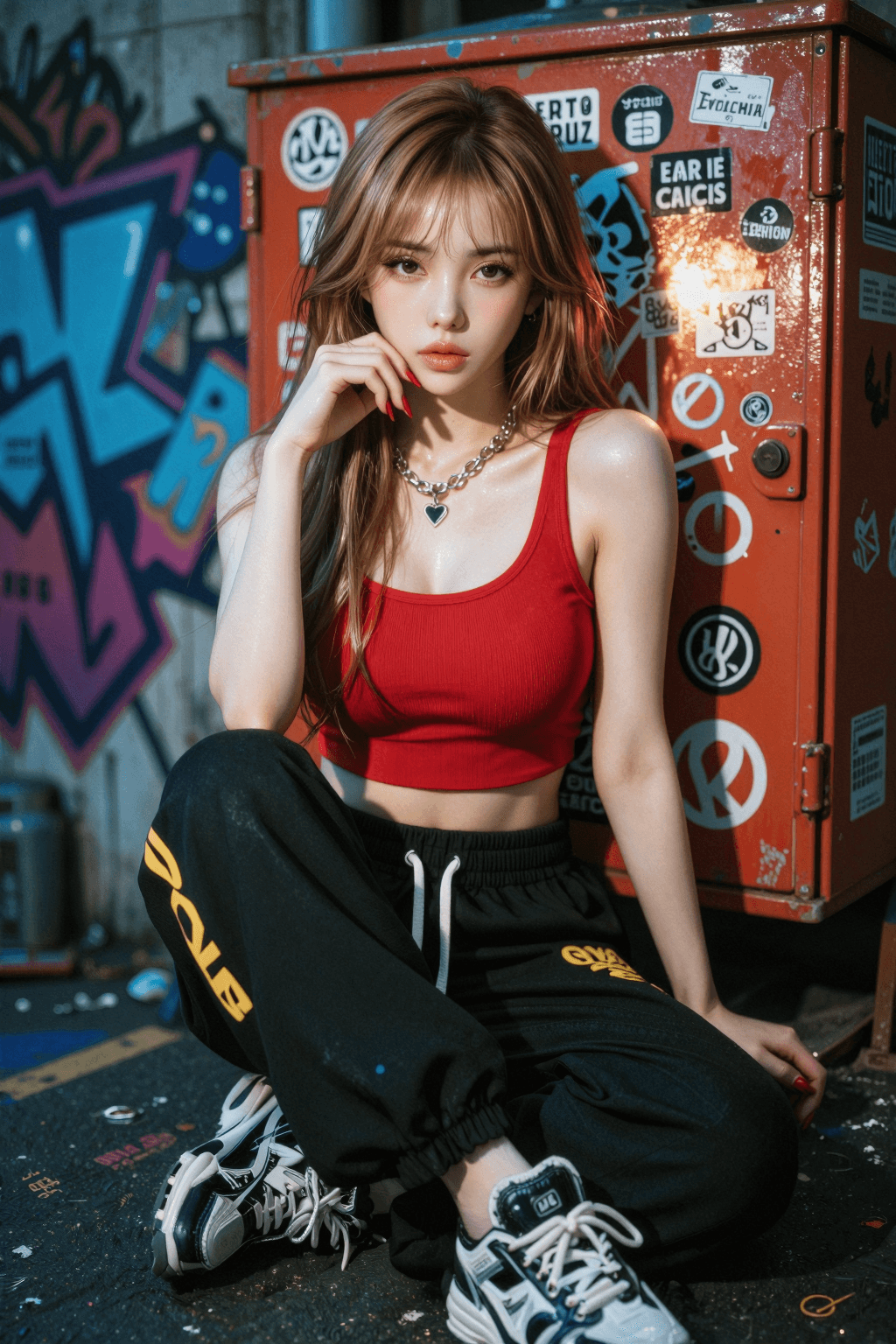 AI generated: A highly detailed, photorealistic, cinematic vertical medium-full shot of a stylish young East Asian...