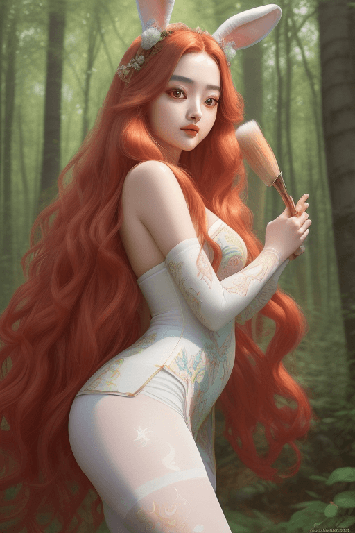 AI generated:  Jing Tian , (forest background) A beautiful persian bunny goddess with a perfect body in a light wh...