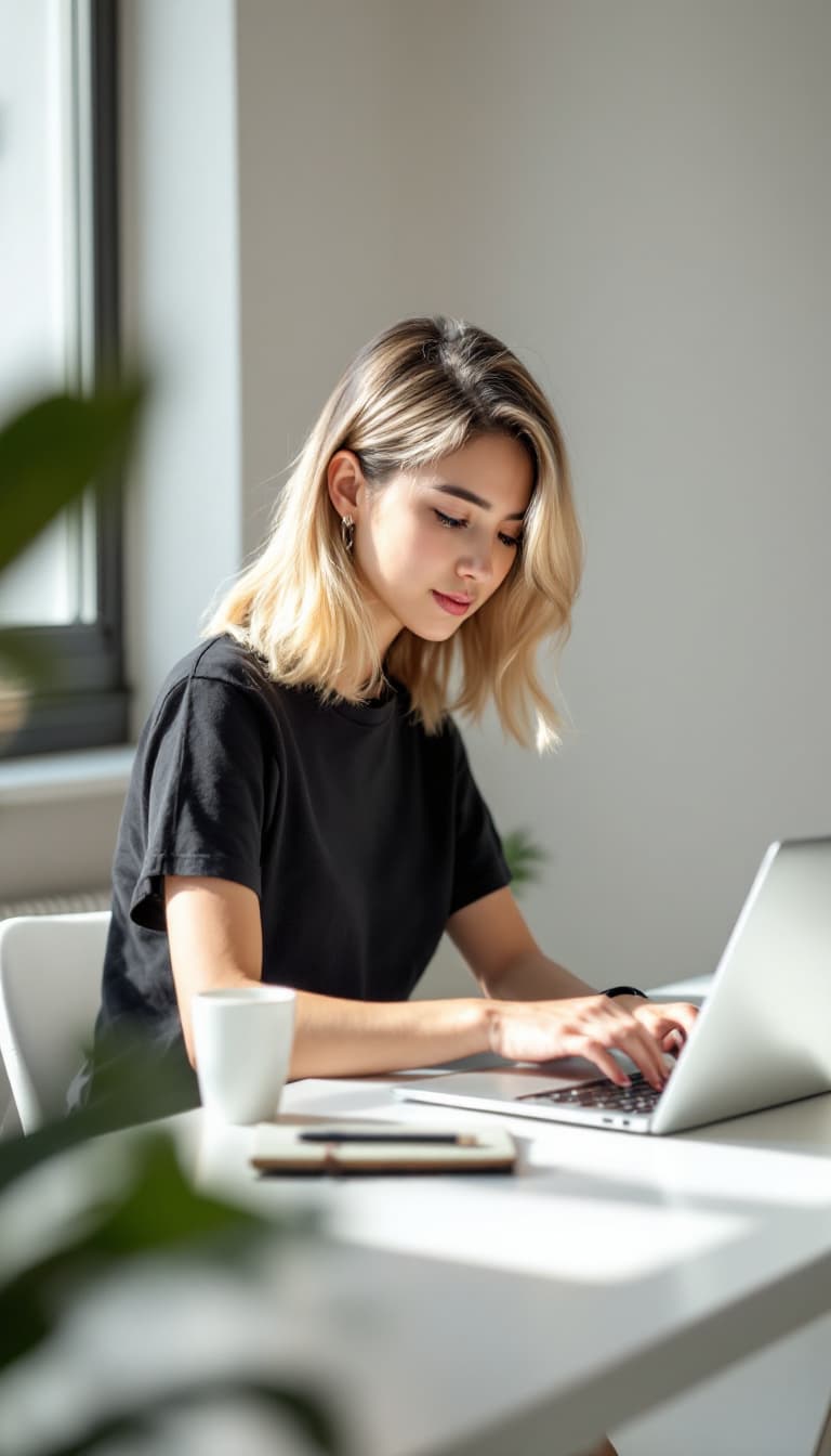 AI generated: A young Asian woman with shoulder-length blonde hair sits at a white desk, focused on her laptop in ...