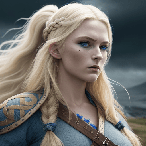 AI generated: a photograph of a beautiful viking woman in action, wearing traditional clothing, Her hair is blond,...
