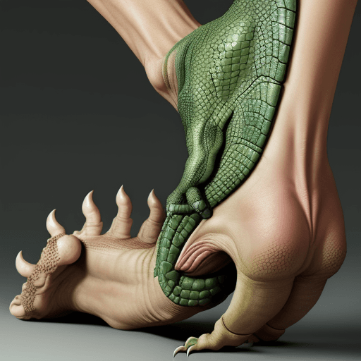 AI generated: a human foot similar to a dinosaur's foot with reptile claws instead of human nails