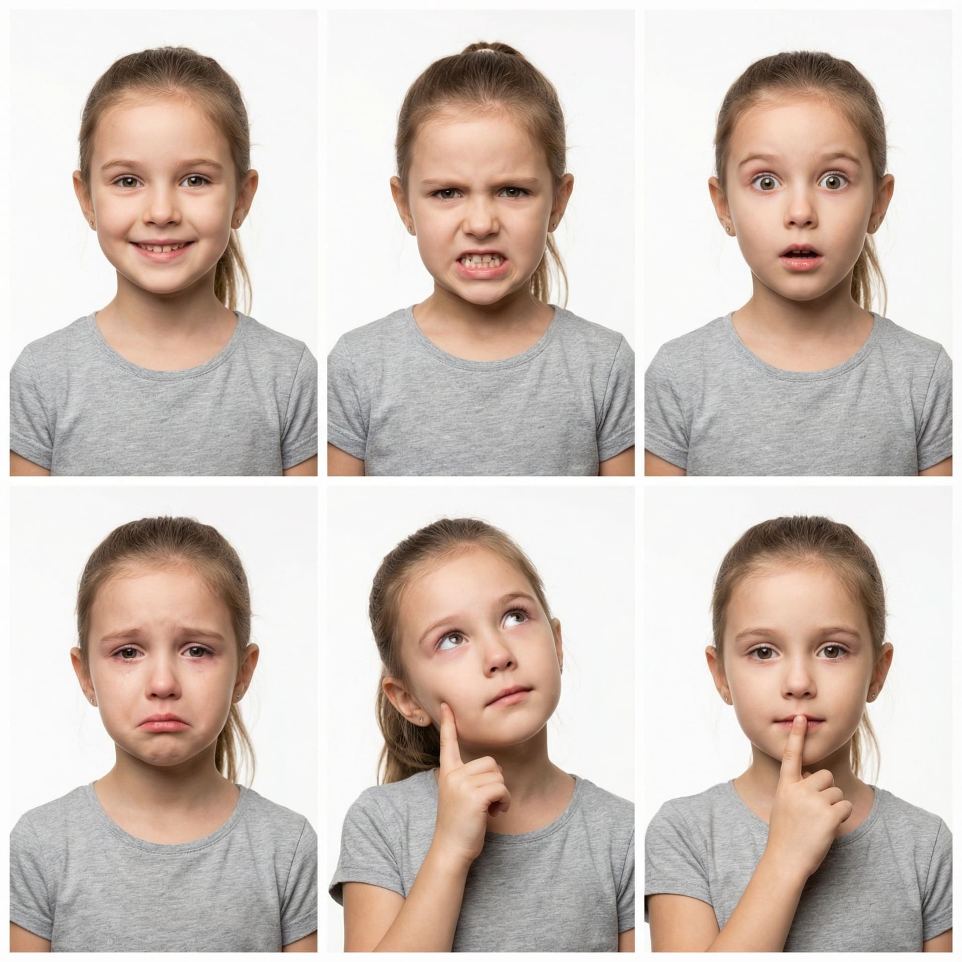 AI generated: A realistic studio portrait collage of the same young girl expressing six different human emotions, ...