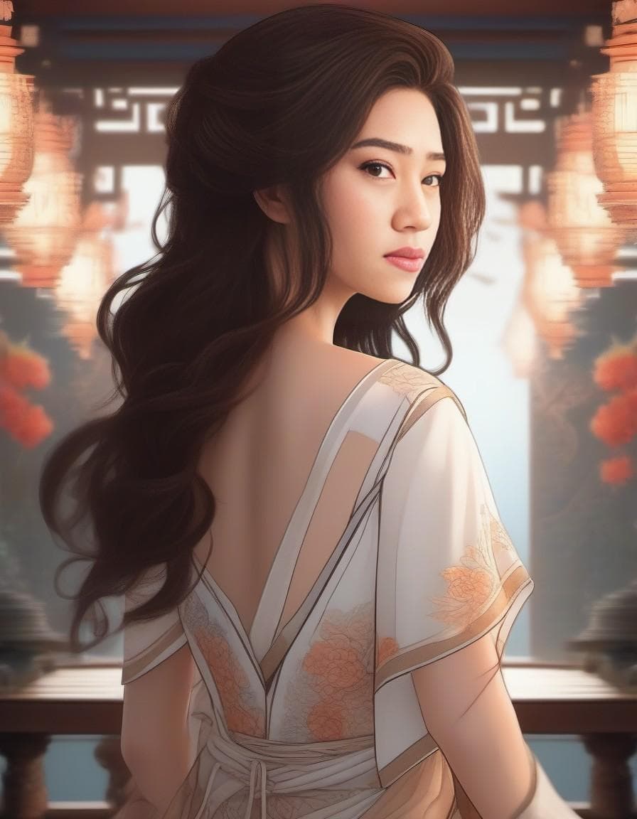 AI generated: stunning digital illustration of a 20yo girl showing her back to camera, posing, long hair, alluring...