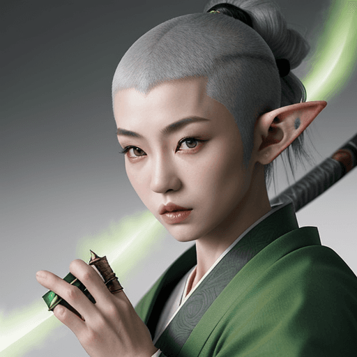 AI generated: samurai woman with elf ears gray skin hair shaved on the sides and tossed to the side attractive old...