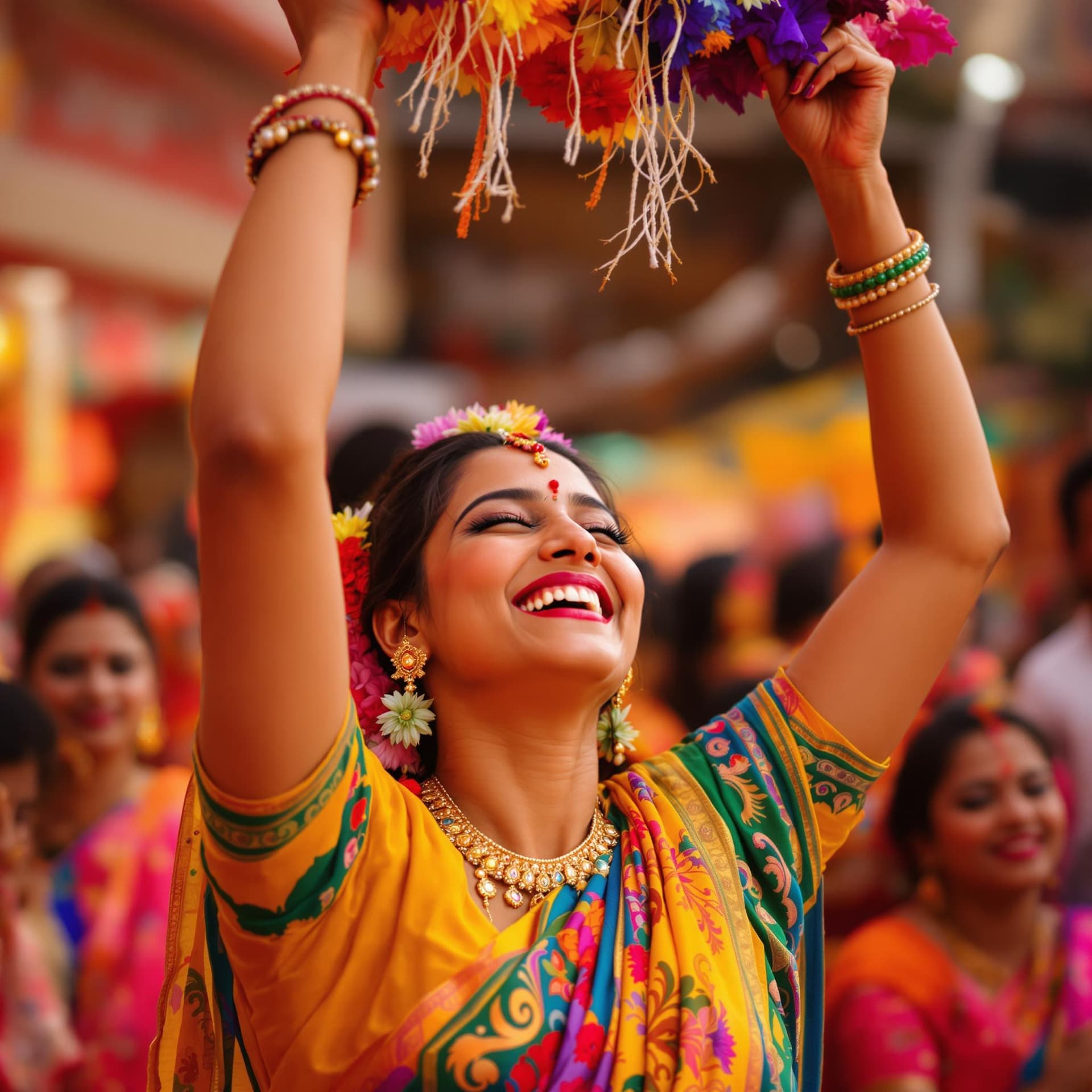 AI generated: The image captures a joyous moment, centered on a smiling Indian woman aging 38 dressed vibrantly in...