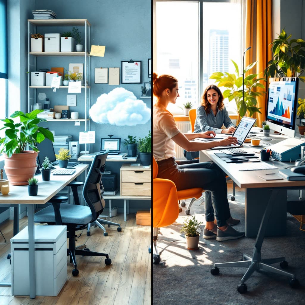 AI generated: A dynamic split-screen image: on one side, a traditional office with paper files and outdated equipm...
