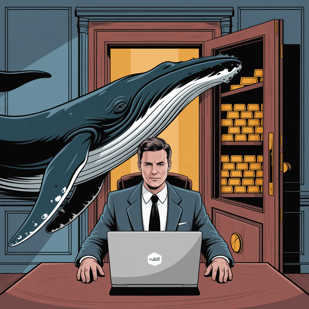 AI generated: Whale + Wall Street banker behind closed doors → Right = open vault door with laptop + RubiFi logo